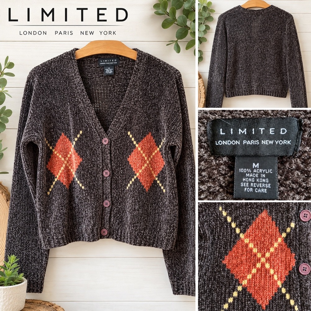The Limited Vintage Chenille Argyle Cropped Cardigan Sweater M Dark Academia 90s